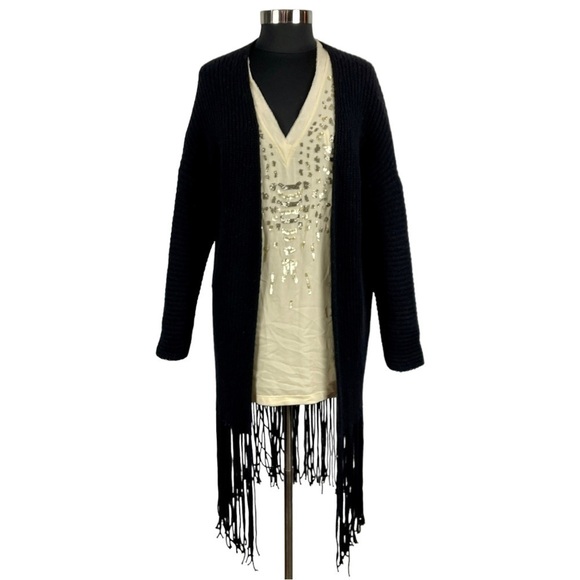 360 CASHMERE QUINCY RIBBED LONGLINE FRINGE DROPPED SHOULDERS CARDIGAN SWEATER - Picture 3 of 14